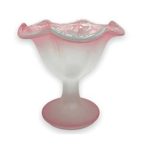 KIG Indonesia Frosted Light Pink & Clear Ruffled Petal Edge Glass 5" Compote